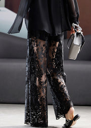 Handmade Black Embroidered Elastic Waist Lace Pants Summer