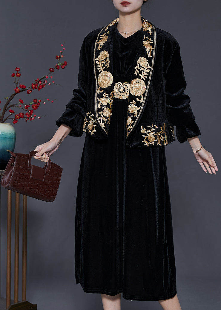 Handmade Black Embroidered Silk Velvet 2 Piece Outfit Spring