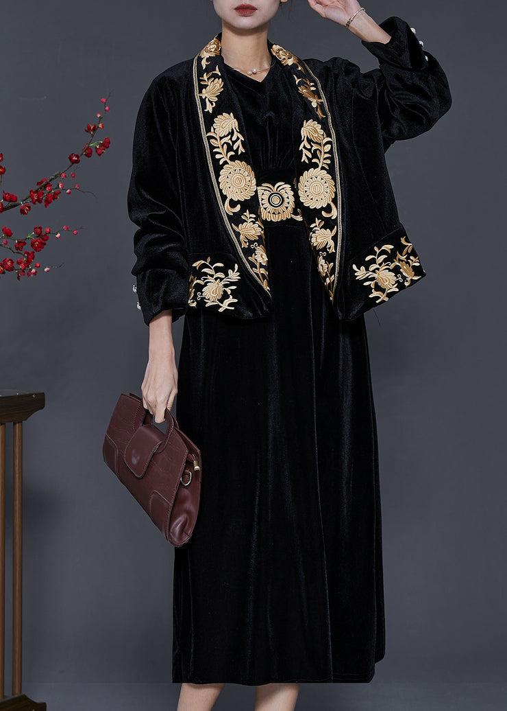 Handmade Black Embroidered Silk Velvet 2 Piece Outfit Spring