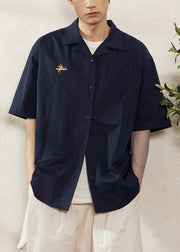 Handmade Black Embroideried Button Cotton Men Shirt Summer