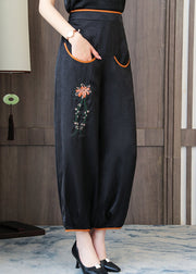 Handmade Black Embroidered Floral Silk Lantern Pants