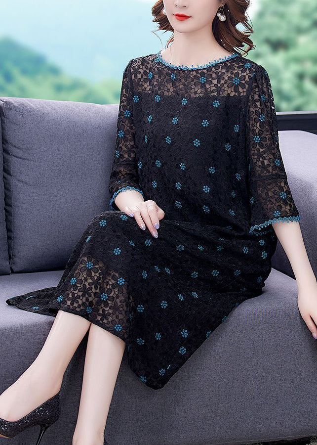 Handmade Black Embroideried Hollow Out Silk Maxi Dresses Flare Sleeve