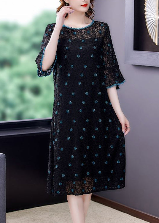 Handmade Black Embroideried Hollow Out Silk Maxi Dresses Flare Sleeve