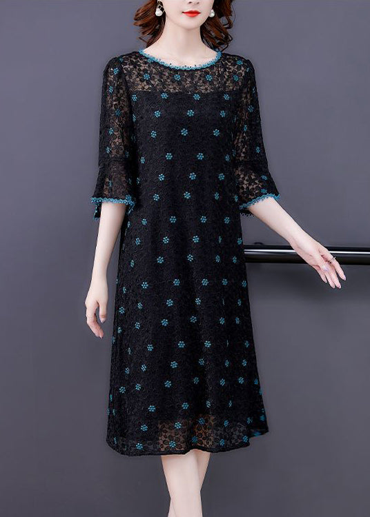 Handmade Black Embroideried Hollow Out Silk Maxi Dresses Flare Sleeve