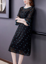 Handmade Black Embroideried Hollow Out Silk Maxi Dresses Flare Sleeve