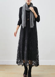 Handmade Black Embroidered Patchwork Knit Dress Fall