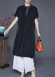 Handmade Black Embroideried Patchwork Silk Long Dresses Summer