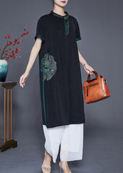 Handmade Black Embroidered Patchwork Silk Long Dresses Summer