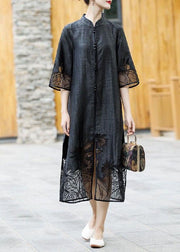 Handmade Black Embroideried Side Open Patchwork Silk Trench Summer