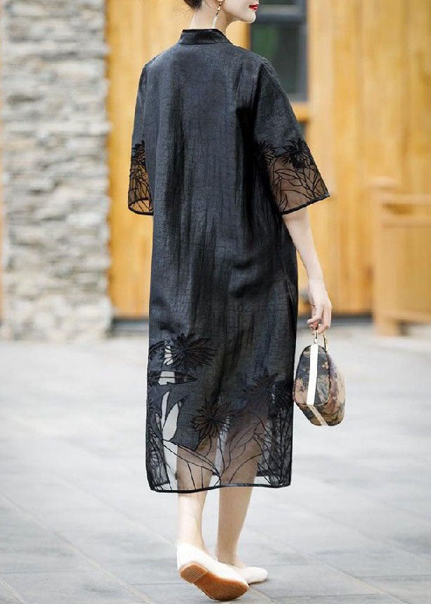 Handmade Black Embroideried Side Open Patchwork Silk Trench Summer