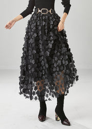 Handmade Black Floral Appliqued Tulle A Line Skirts Fall