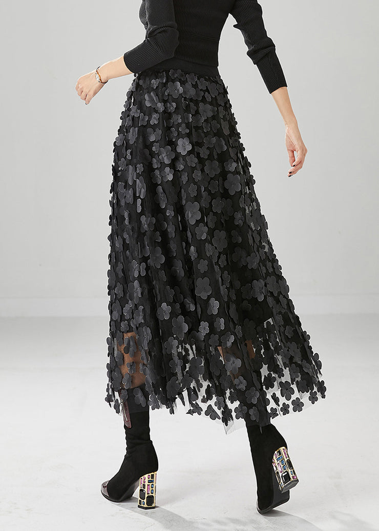 Handmade Black Floral Appliqued Tulle A Line Skirts Fall