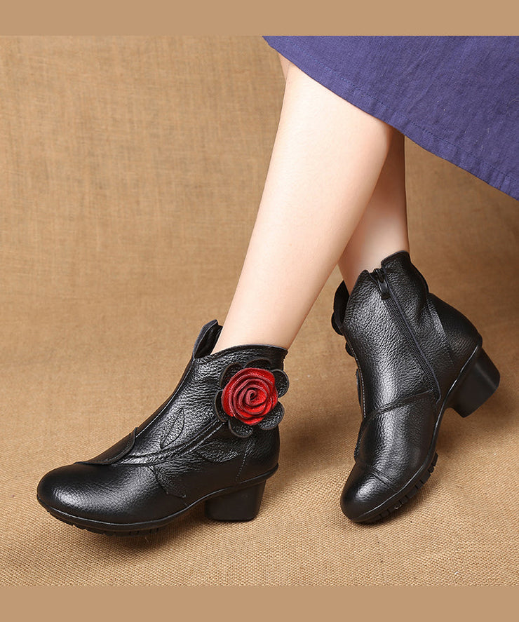 Handmade Black Floral Splicing Chunky Boots