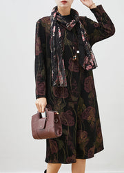 Handmade Black Floral Warm Fleece Maxi Dresses Spring