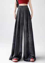 Handmade Black Grey Wrinkled Ice Silk Wide Leg Pants Summer