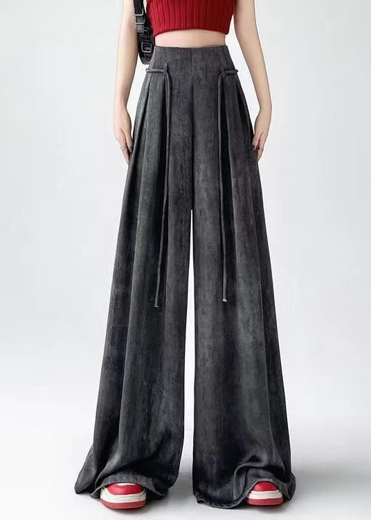 Handmade Black Grey Wrinkled Ice Silk Wide Leg Pants Summer