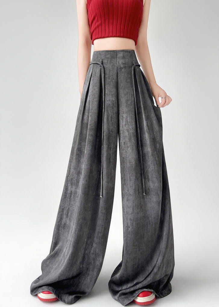 Handmade Black Grey Wrinkled Ice Silk Wide Leg Pants Summer