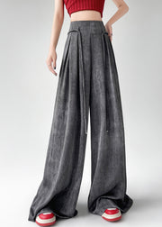 Handmade Black Grey Wrinkled Ice Silk Wide Leg Pants Summer