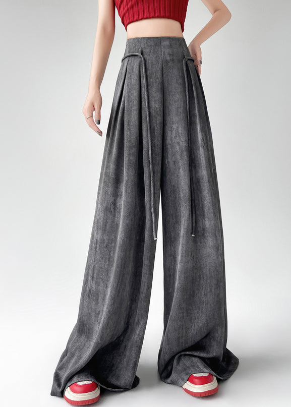 Handmade Black Grey Wrinkled Ice Silk Wide Leg Pants Summer