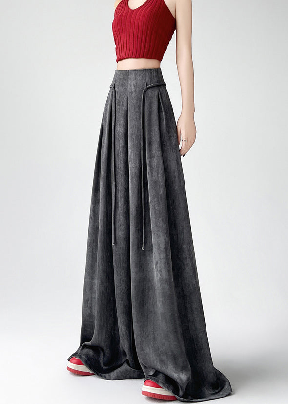 Handmade Black Grey Wrinkled Ice Silk Wide Leg Pants Summer