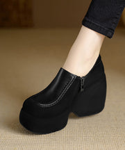 Handmade Black High Wedge Heels Cowhide Leather Beautiful Splicing