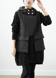 Handmade Black Hooded Knit Patchwork Warm Fleece Pullover Sweatshirt Dress Winter