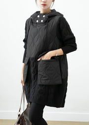 Handmade Black Hooded Knit Patchwork Warm Fleece Pullover Sweatshirt Dress Winter