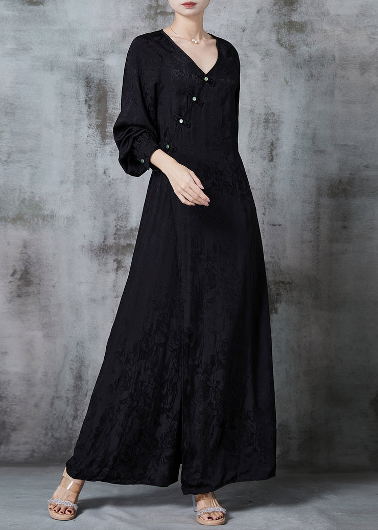 Handmade Black Jacquard Chinese Button Silk Dress Spring