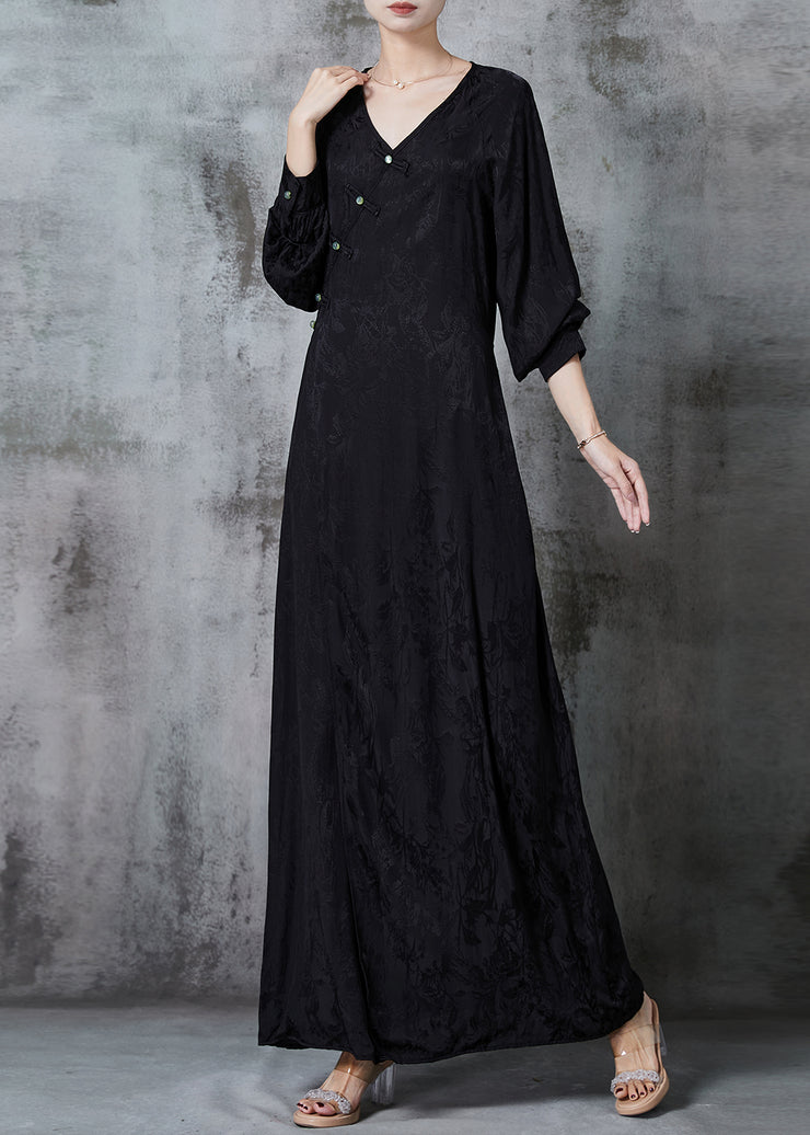 Handmade Black Jacquard Chinese Button Silk Dress Spring