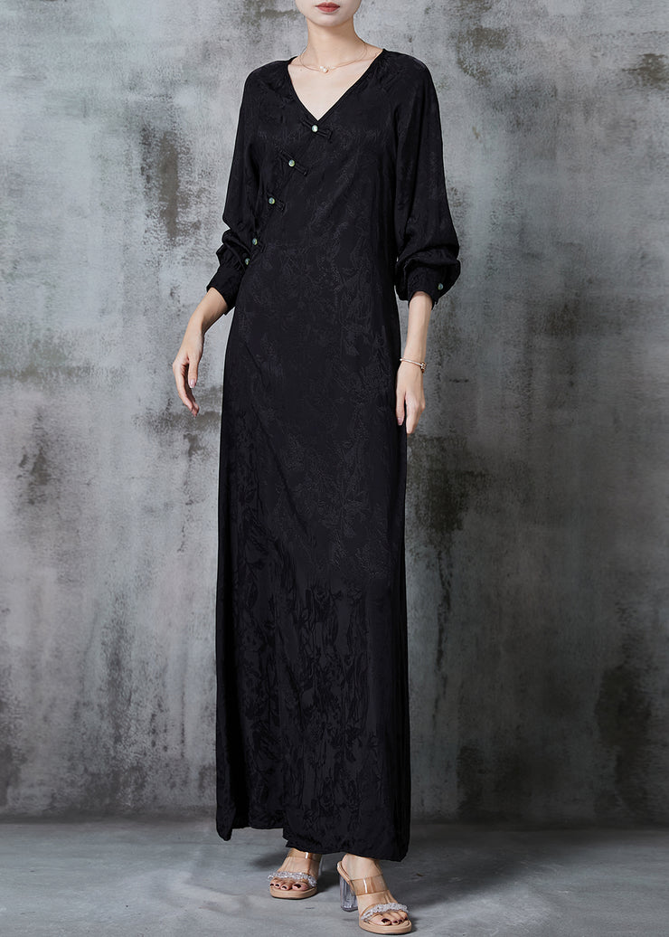 Handmade Black Jacquard Chinese Button Silk Dress Spring