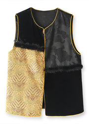 Handmade Black Jacquard Mink Hair Patchwork Silk Vest Sleeveless