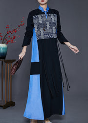 Handmade Black Mandarin Collar Tasseled Patchwork Cotton Dresses Spring