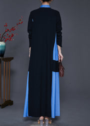 Handmade Black Mandarin Collar Tasseled Patchwork Cotton Dresses Spring