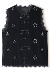 Handmade Black Nail Bead Lace Patchwork Silk Velour Shirt Waistcoat Sleeveless