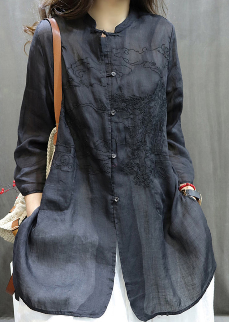 Handmade Black O-Neck Embroidered Button Shirt Long Sleeve