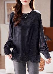 Handmade Black O-Neck Embroidered Top Lantern Sleeve