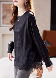 Handmade Black O-Neck Embroidered Top Lantern Sleeve