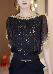 Handmade Black O-Neck Floral Lace Patchwork Chiffon Shirt Summer