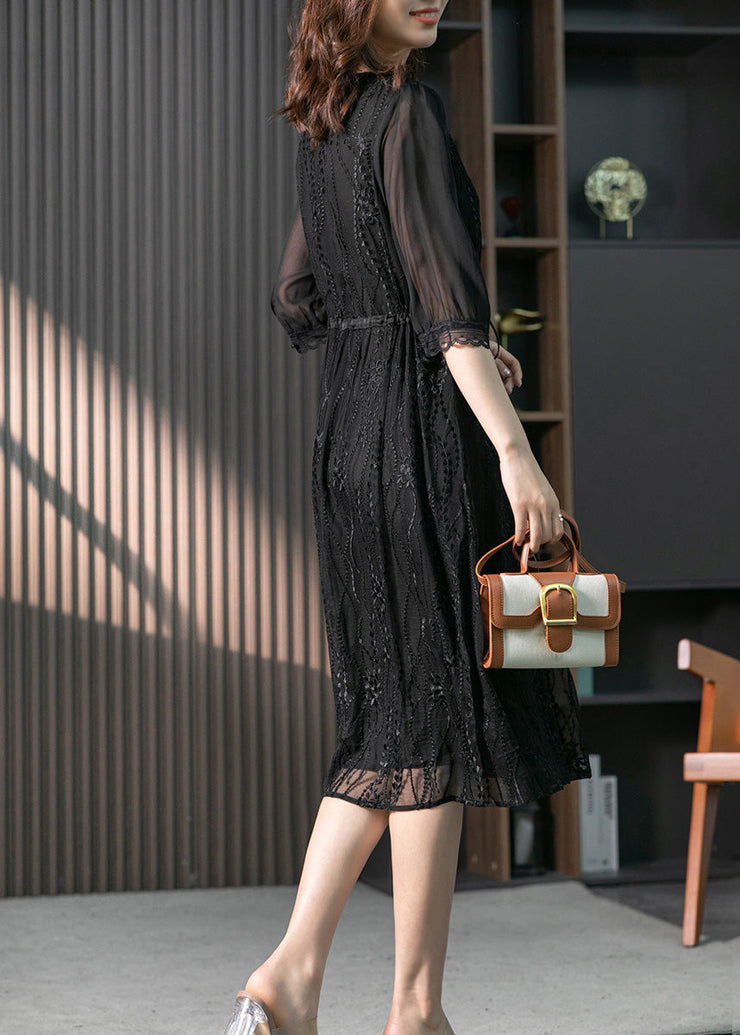 Handmade Black O-Neck Lace Patchwork Tie Waist Silk Maxi Dress Summer