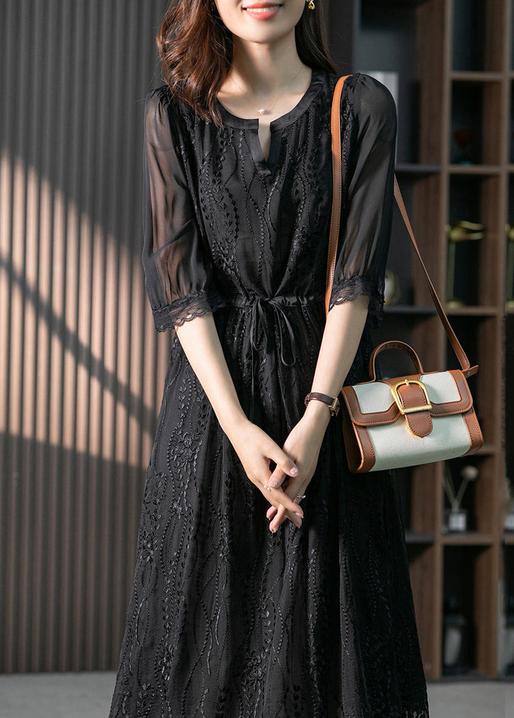 Handmade Black O-Neck Lace Patchwork Tie Waist Silk Maxi Dress Summer