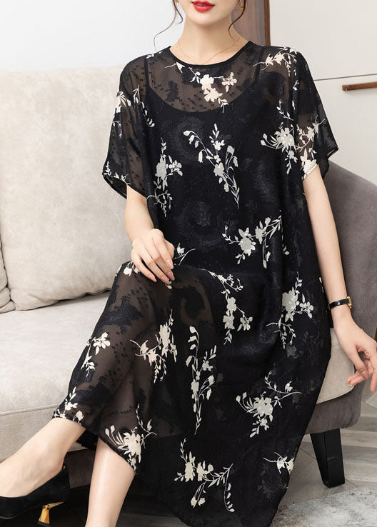 Handmade Black O Neck Print Patchwork Chiffon Dress Summer