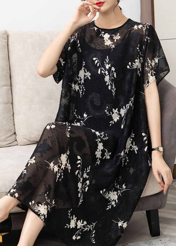 Handmade Black O Neck Print Patchwork Chiffon Dress Summer