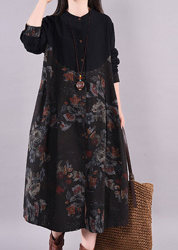 Handmade Black O-Neck Print Patchwork Maxi Dress Long Sleeve