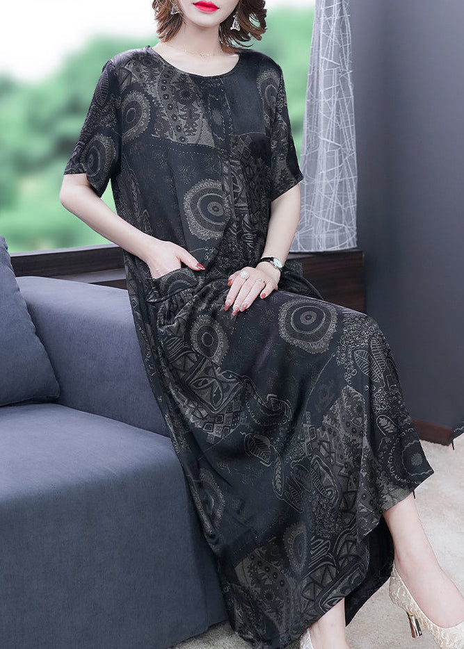 Handmade Black O-Neck Print Silk Long Dress Summer