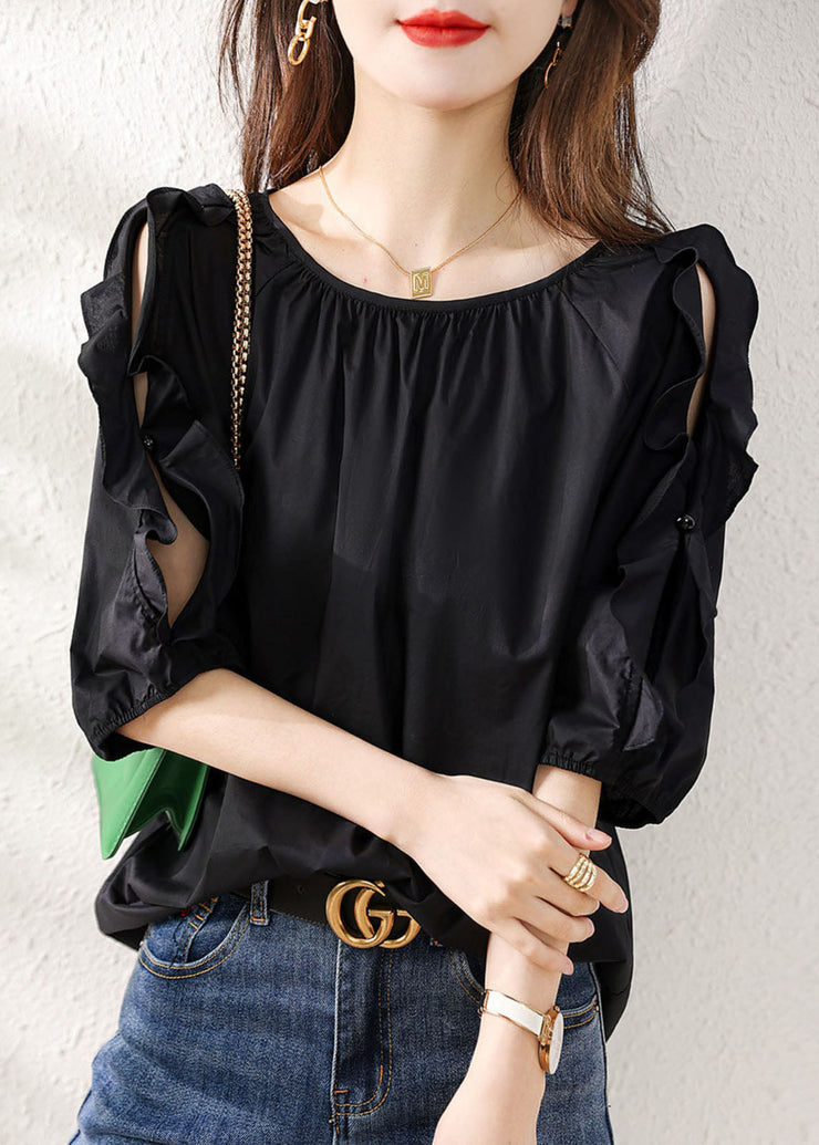 Handmade Black O Neck Ruffled Patchwork Cotton Shirt Summer