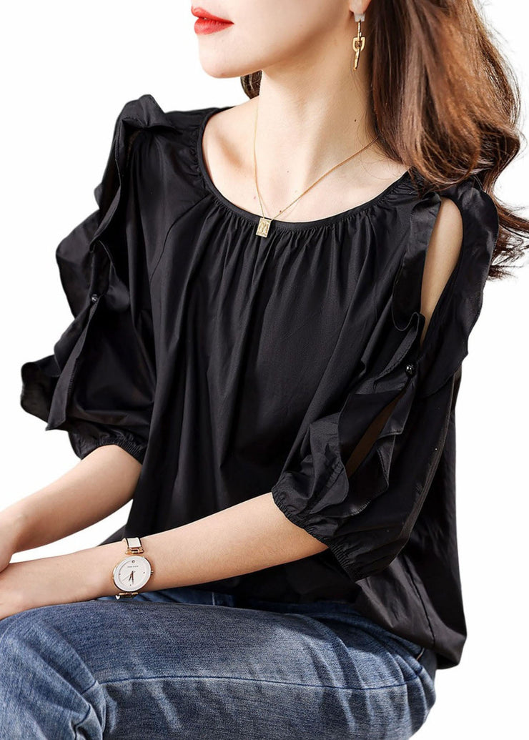 Handmade Black O Neck Ruffled Patchwork Cotton Shirt Summer