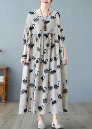 Handmade Black O-Neck Swan Print Patchwork Cotton Maxi Dresses Half Sleeve