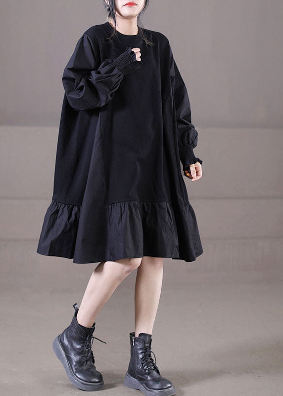 Handmade Black O-Neck Wrinkled Patchwork Ruffles Cotton Mid Dress Lantern Sleeve