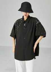 Handmade Black Oversized Nail Bead Jacquard Cotton Blouses Short Sleeve