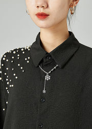 Handmade Black Oversized Nail Bead Jacquard Cotton Blouses Short Sleeve